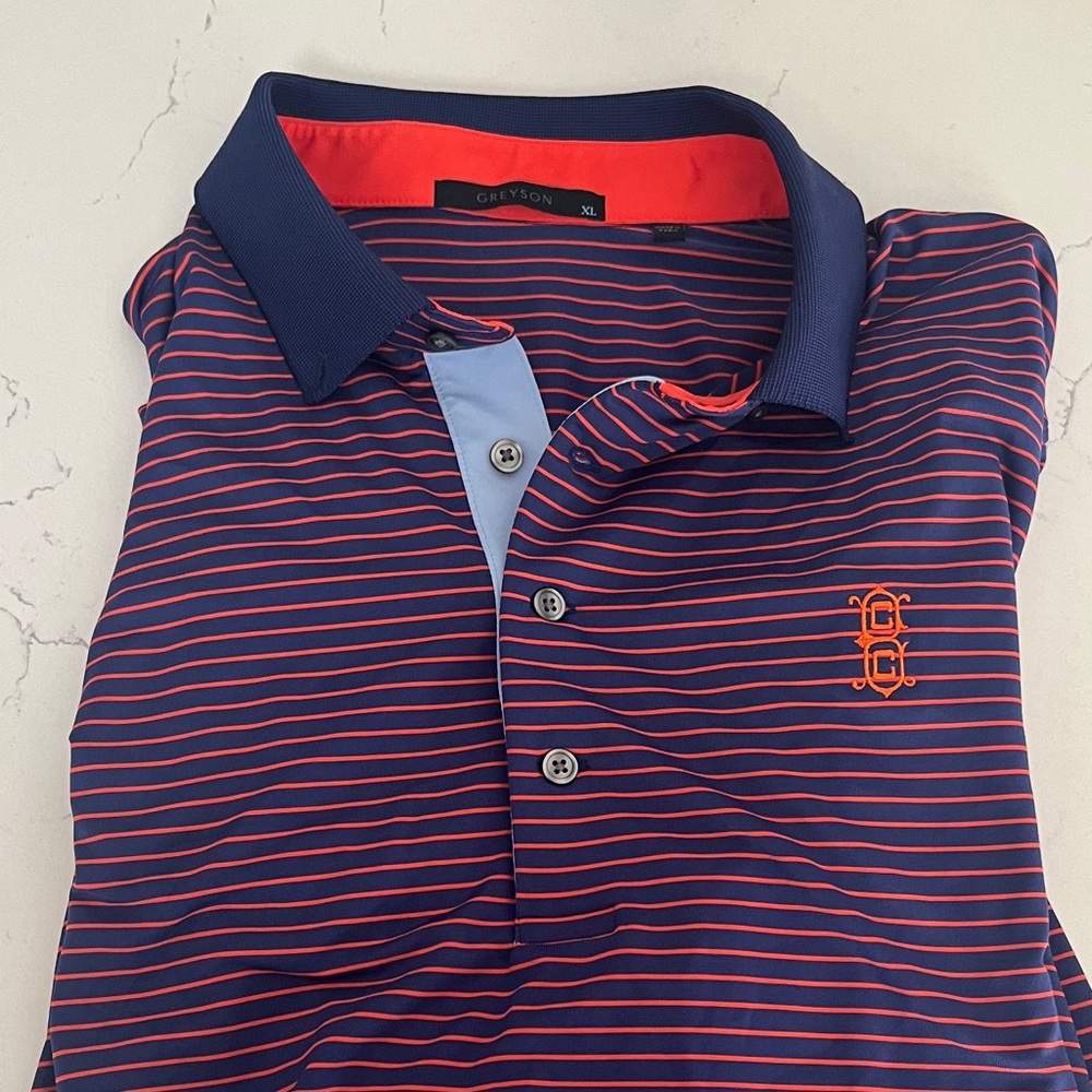 Greyson Charcoal and Orange Striped performance Polo